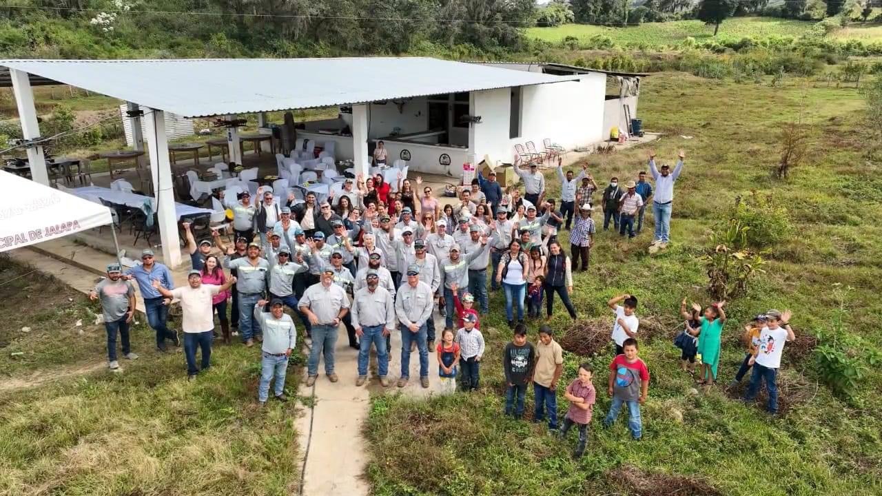 All volunteers gathered together with members of the village - photo by drone