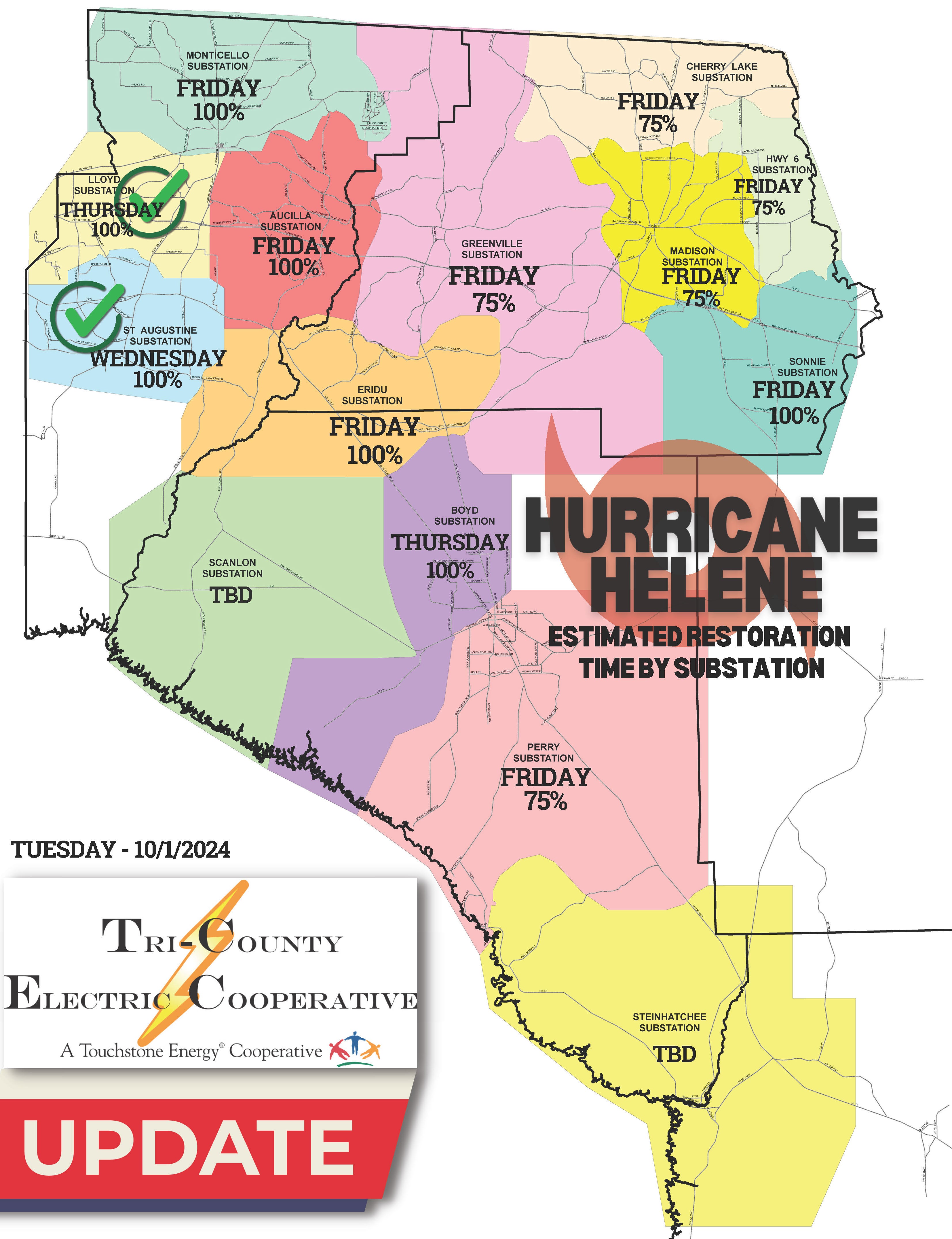 TCEC substation map with estimated restoration times 